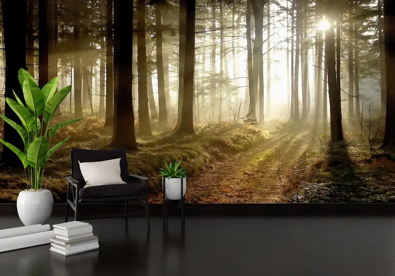 Zarif Puslu Orman Gün Batımı Baskılı Duvar Kağıdı: Doğanın Güzelliği Ortaya Çıktı