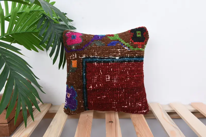 Kilim Rug Pillow, Ethnic Throw Cushion Cover, Gift Pillow, 12x12 Red Cushion, Antique Pillows, Turkish Kilim Pillow, Pillow Case - 1