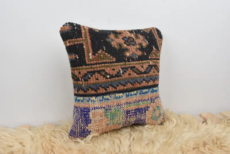 Gift Pillow, Cushion Cover, Vintage Kilim Throw Pillow, Sofa Bolster Pillow Case, Art Deco Pillow, Vintage Kilim Pillow, 14x14 Blue Pillow Case - 8