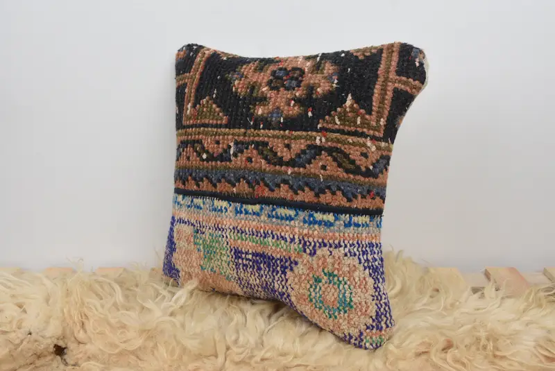 Gift Pillow, Cushion Cover, Vintage Kilim Throw Pillow, Sofa Bolster Pillow Case, Art Deco Pillow, Vintage Kilim Pillow, 14x14 Blue Pillow Case - 7