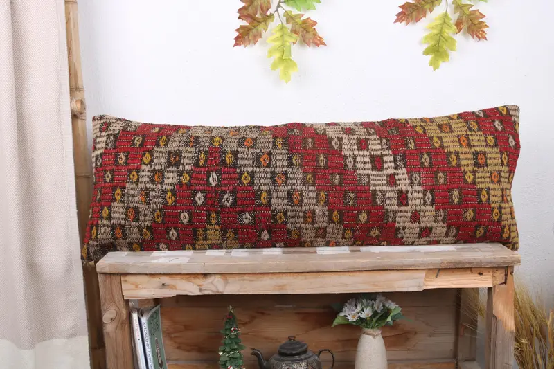 Handmade Kilim Cushion, Cushion Case, Vintage Kilim Throw Pillow, Handwoven Pillow, 12x36 Red Pillow Sham, Sofa Bolster Pillow Sham, Gift Pillow - 2