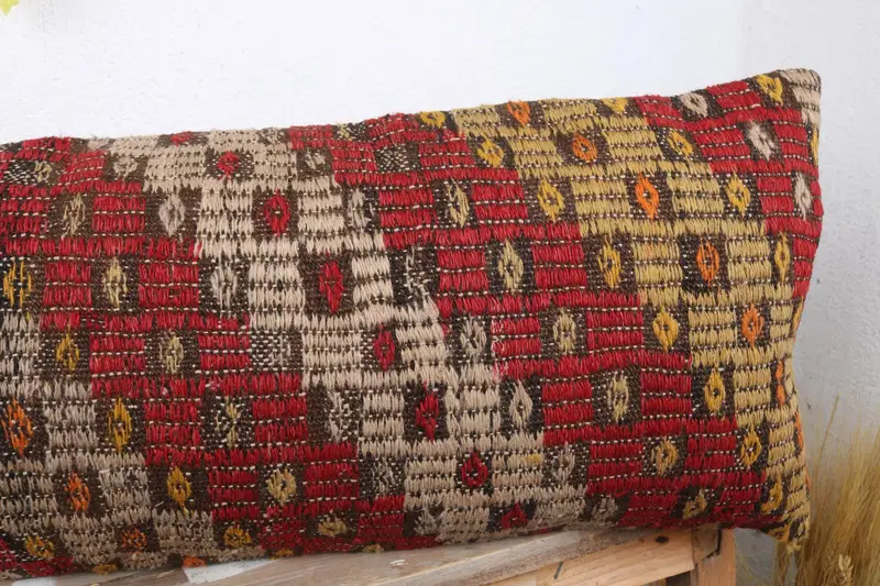 Handmade Kilim Cushion, Cushion Case, Vintage Kilim Throw Pillow, Handwoven Pillow, 12x36 Red Pillow Sham, Sofa Bolster Pillow Sham, Gift Pillow - 5