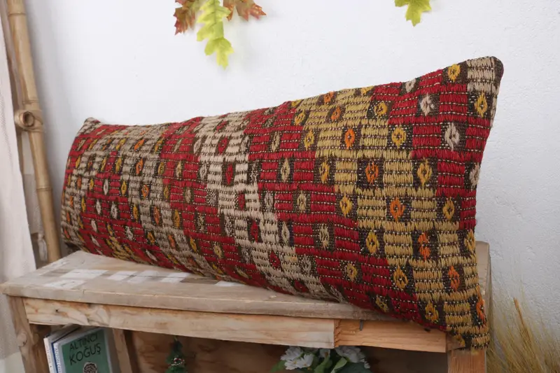 Handmade Kilim Cushion, Cushion Case, Vintage Kilim Throw Pillow, Handwoven Pillow, 12x36 Red Pillow Sham, Sofa Bolster Pillow Sham, Gift Pillow - 4