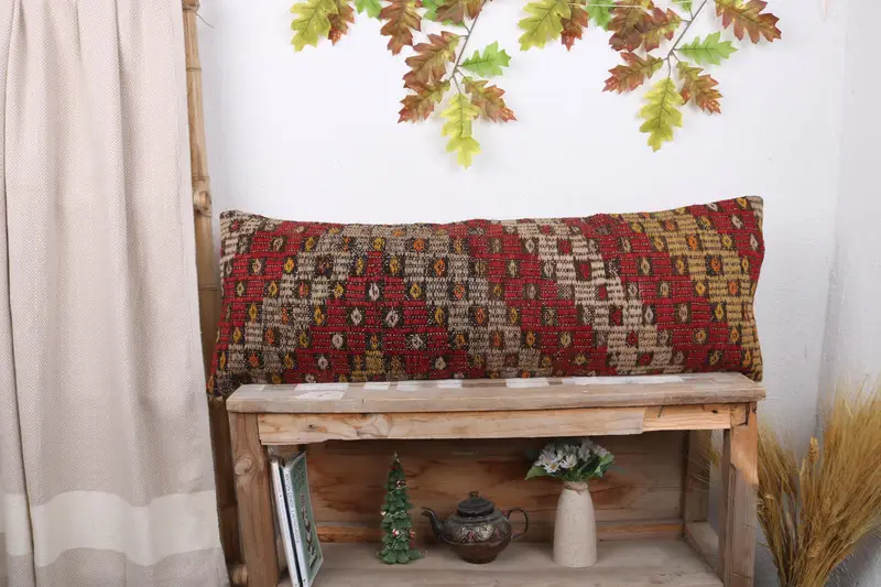 Handmade Kilim Cushion, Cushion Case, Vintage Kilim Throw Pillow, Handwoven Pillow, 12x36 Red Pillow Sham, Sofa Bolster Pillow Sham, Gift Pillow - 1