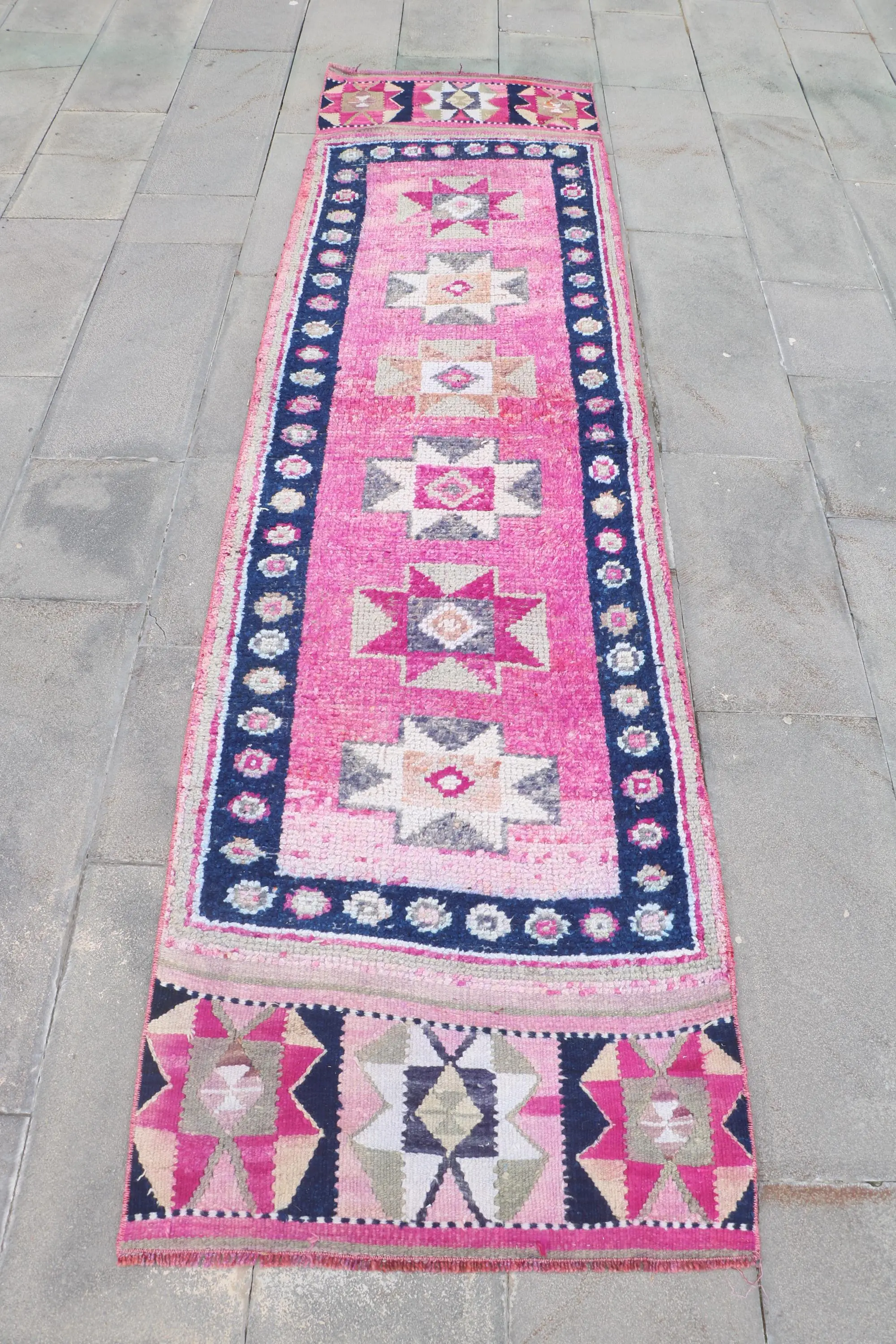 Vintage Turkish Rug, 2.6x9.9 ft Runner Rug, Pink Herki Floral Rug - 1
