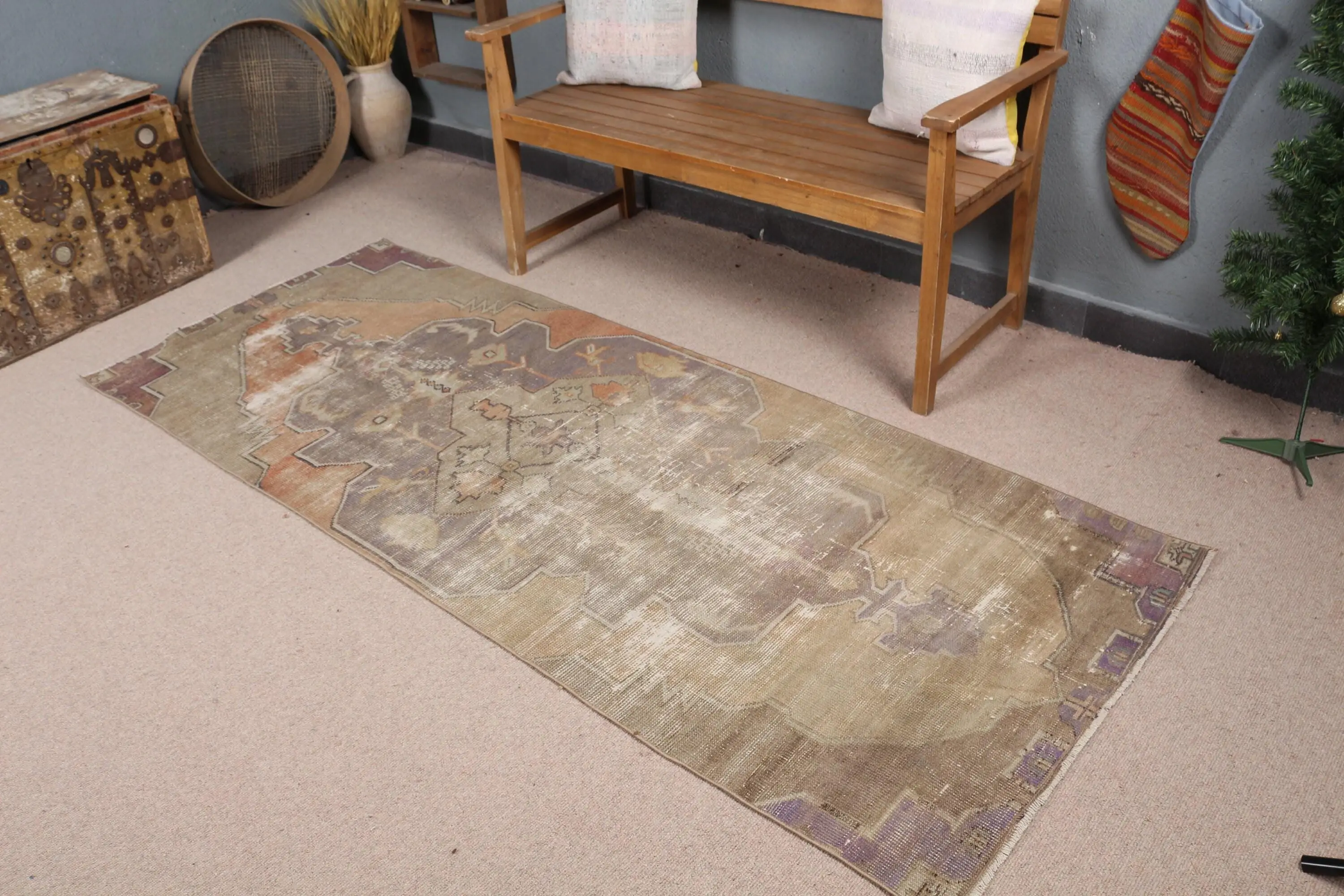 3.1x7.6 ft Türk Halısı, Vintage Vurgu Halısı, Kahverengi Çizgili Yün Halı - 1