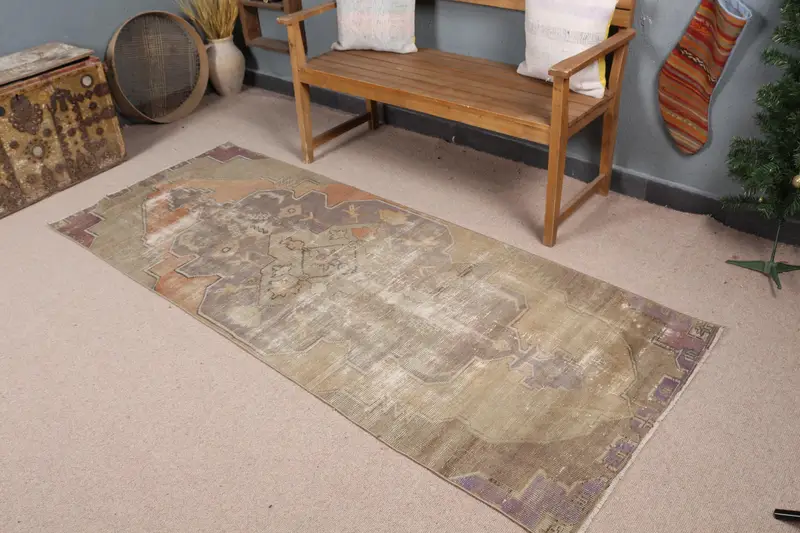 パープル & オレンジ ラグ、3.1x7.6 フィート ストライプ幾何学デザイン