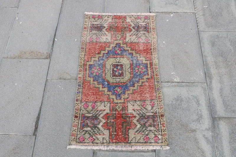 Turkish 1.6x2.9 ft Rug, Oushak Vintage Rug, Red Plants & trees Wool Rug - 1