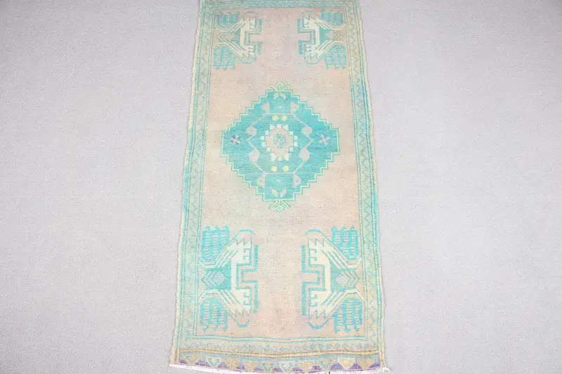 Vintage Küçük Halı 1.7x3.8 ft, Türk Oushak Mavi Yün Halı - 1