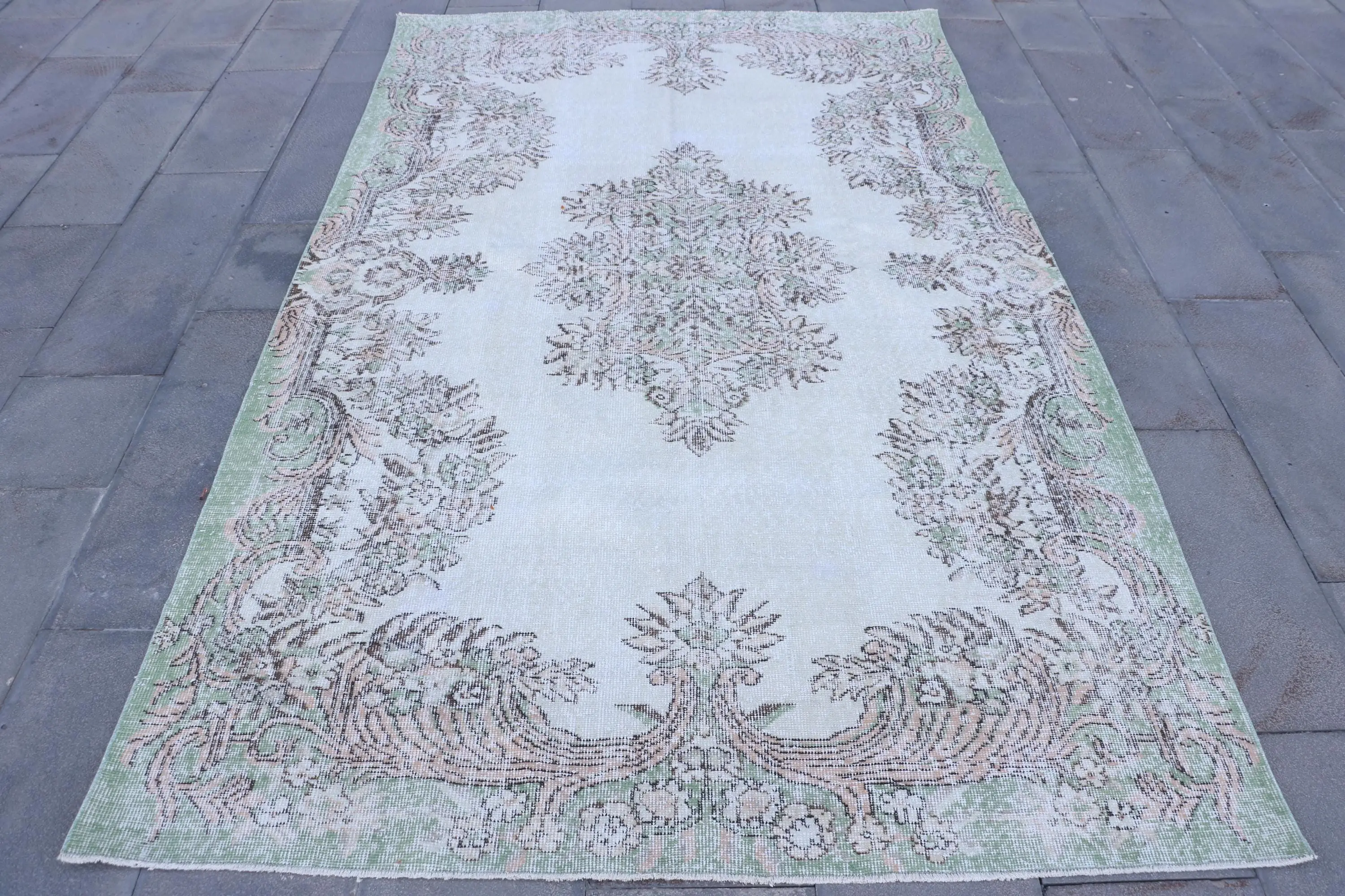 5,5x9,3 ft Teppich, türkischer Vintage Teppich, grüner Ikat Wollteppich - 1
