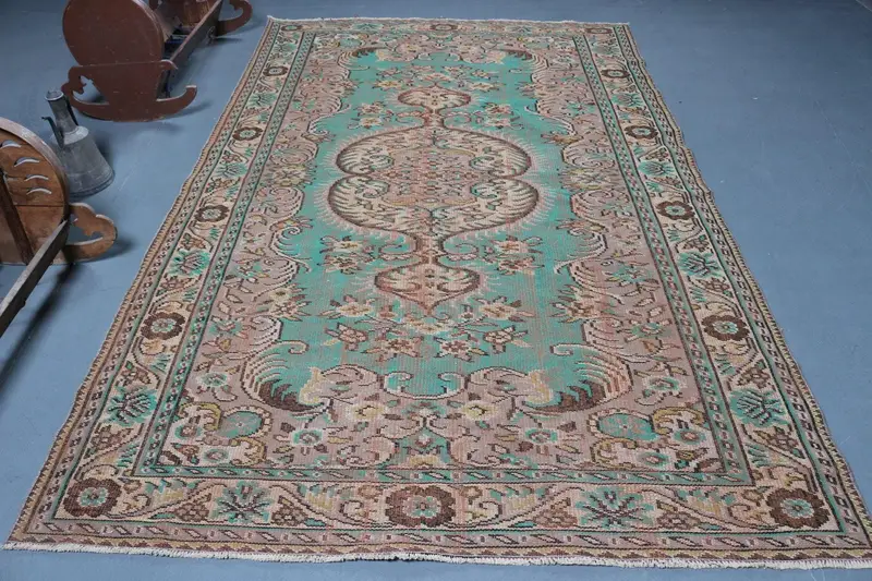 6.1x9.9 ft Türk Halısı, Vintage Büyük Halı, Kahverengi Mavi Hayvan Baskı Yün Halı - 1
