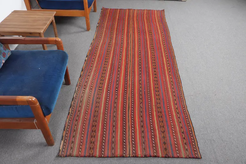 Red Moroccan Rug, 3,3x8,2 ft with Green Accents
