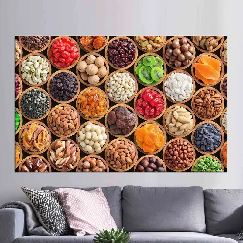 Lienzo elegante de especias y frutas: un arte vibrante para el comedor de la cocina