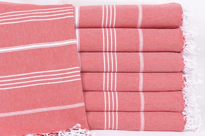 Handmade Monogram Turkish Bath Towel, Red Stripes, Organic Cotton, 70x40 Inches