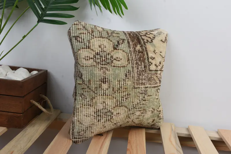 Antique Pillows, Cushion Case, Vintage Kilim Pillow, Boho Pillow, Ottoman Pillow Sham, 12x12 Green Cushion, Turkish Rugs Pillow Cover - 4
