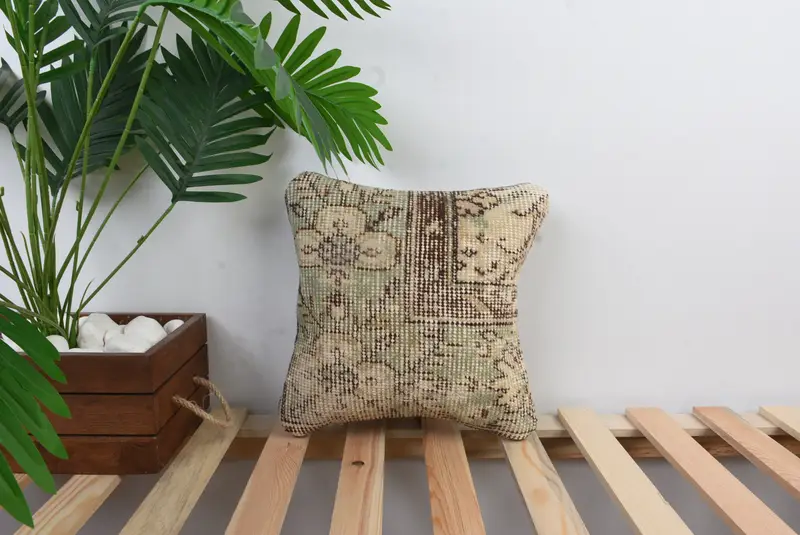 Antique Pillows, Cushion Case, Vintage Kilim Pillow, Boho Pillow, Ottoman Pillow Sham, 12x12 Green Cushion, Turkish Rugs Pillow Cover - 1