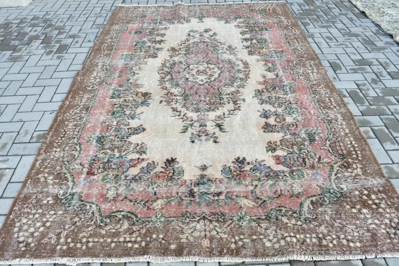 Vintage Oushak Rug 6.4x9.6 ft, Brown Red Wool Turkish Rug - 1
