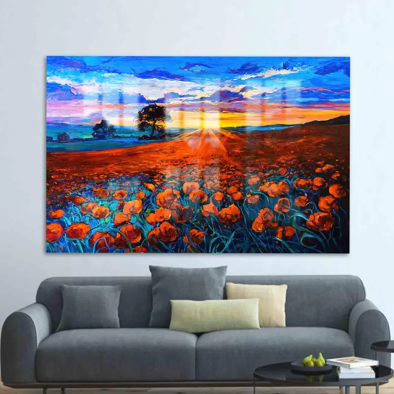 Elegantes bedrucktes Glas: Schlafmohn-Sonnenuntergang-Landschaftsdesign
