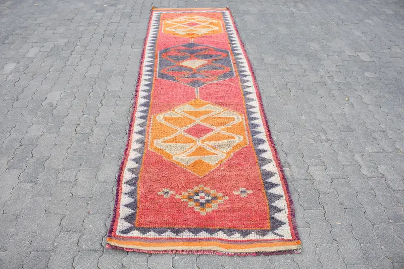 Vintage Türk Halısı 2.9x10.8 ft (89x330 cm), Herki Kırmızı Yün Halı - 1