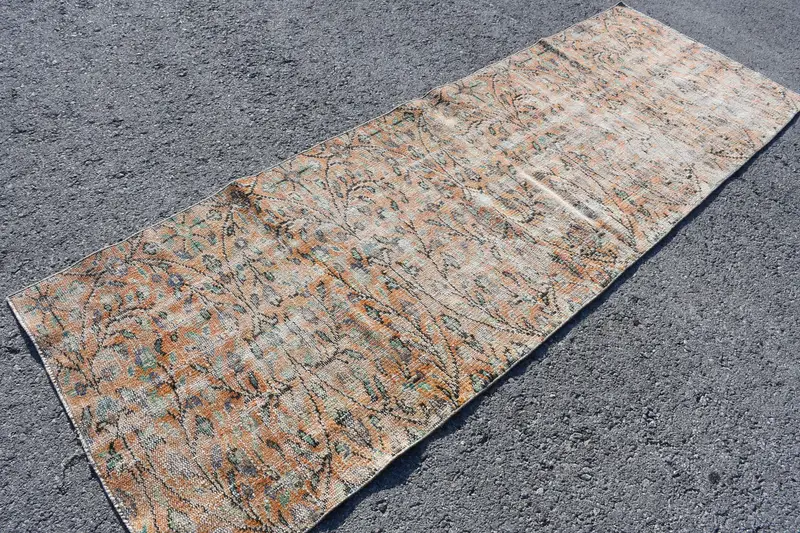 Turkish Vintage Oushak Rug 3x8.8 ft (90x269 cm), Brown Floral Wool Rug - 1