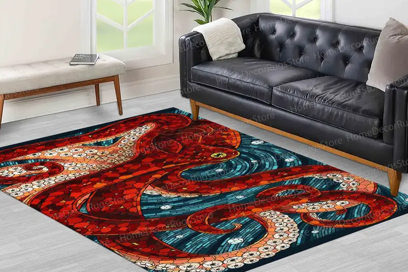 Alfombra moderna con estampado de pulpo: diseño colorido en rojo y azul
