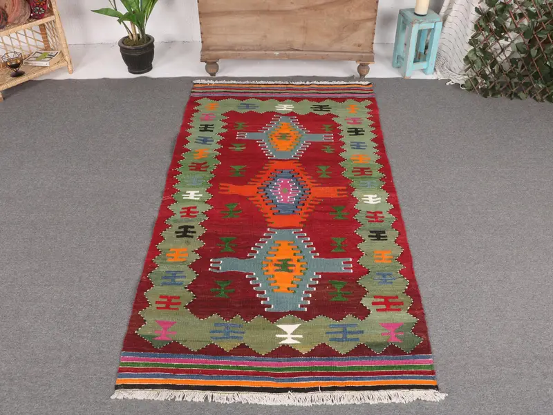 Kırmızı, Yeşil Geometrik Halı, 3,5x6,5 ft Şık Dekor