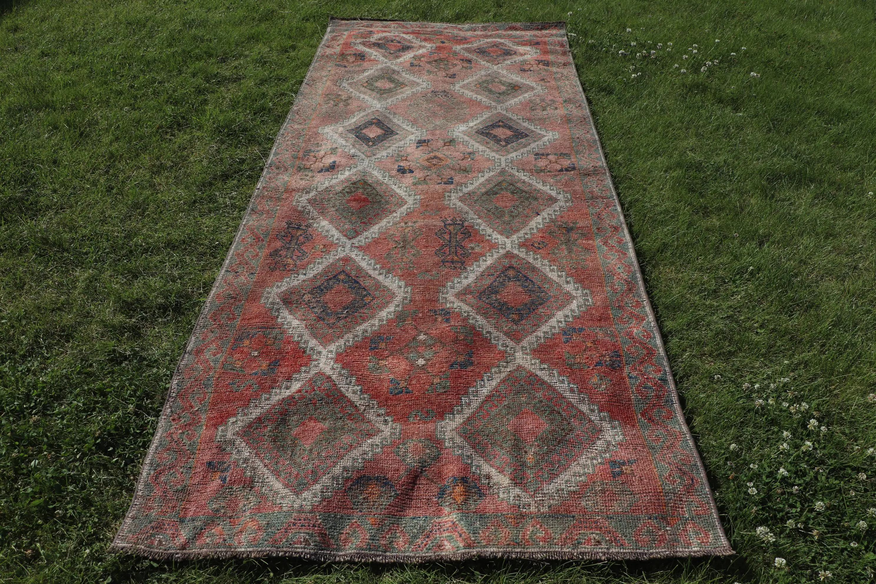 Vintage Büyük Halı 4.1x10.2 ft, Türk Kırmızı Soyut Yün Halı - 1