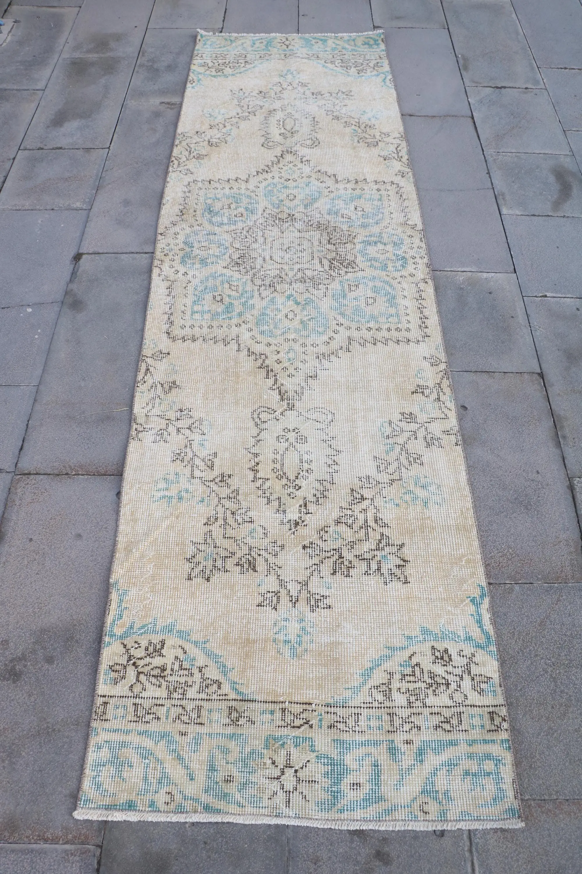 Turkish Rug, 2.4x8.9 ft Runner Rug, Beige Bordered Wool Vintage Rug - 1
