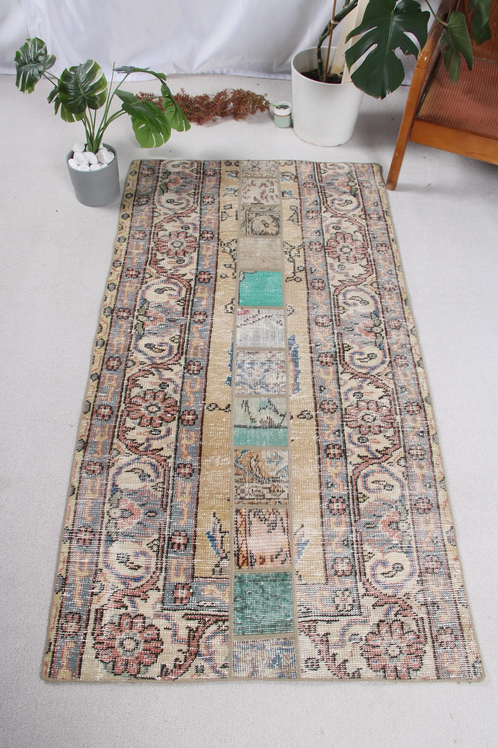 Vintage 2.9x5.5 ft Halı, Türk Halısı, Kahverengi Çizgili Halı Yün - 1