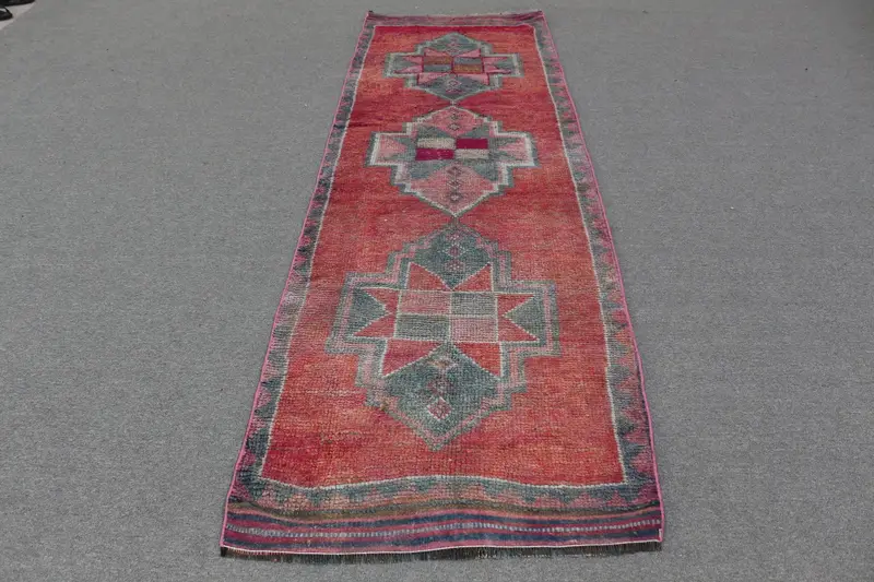 3x9.9 ft Vintage Türk Halısı, Yolluk Halısı, Herki Kırmızı Yün Halı - 1