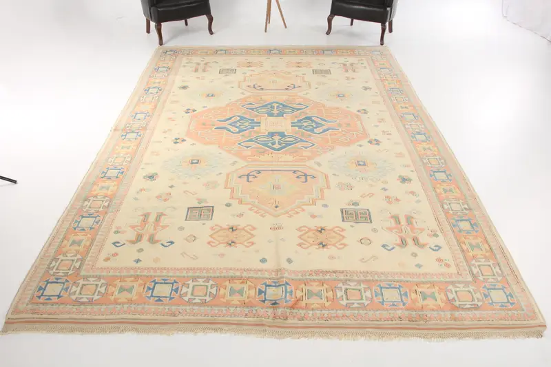 Alfombra Oushak turca vintage de 8,5x12,6 pies (258x385 cm), alfombra de lana de lunares naranja - 1