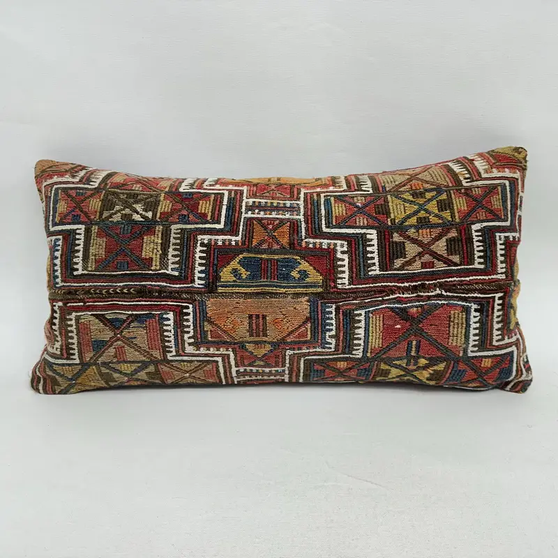 Besticktes Southwestern-Wurfkissen, Vintage-Leinenkissen in Braun und Beige