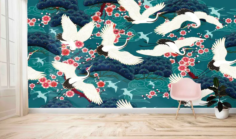 Moderne Tapete mit Kranich-Blumenmuster: Elegantes japanisches Design