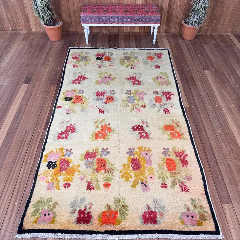 5x7.1 ft Vintage Turkish Rug, Area Rug, Red Yellow Floral Wool Rug - 1
