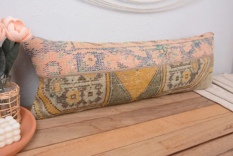 Blaues und gelbes Patchwork-Wurfkissen, 12x36 handgefertigtes Leinenkissen