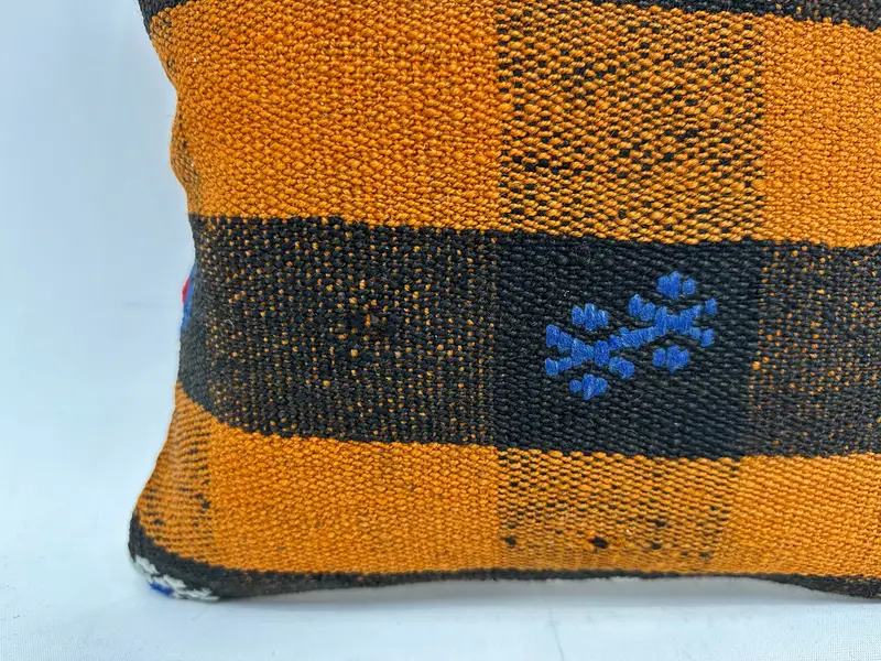 Orange & Brown Striped Decorative Pillow, 14x14 Inches, Embroidered Cotton Cover - 2