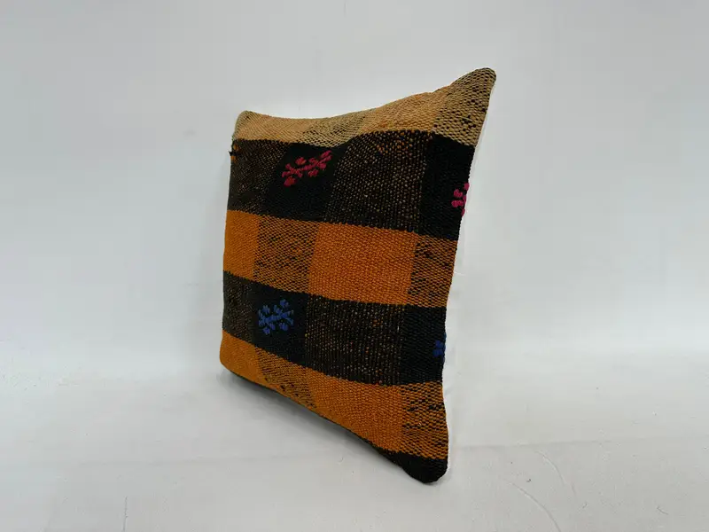 Orange & Brown Striped Decorative Pillow, 14x14 Inches, Embroidered Cotton Cover - 4