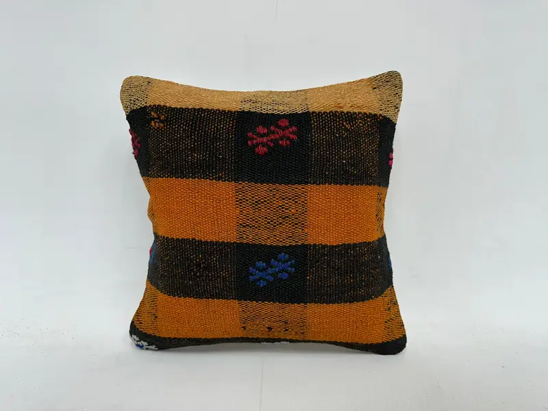 Orange & Brown Striped Decorative Pillow, 14x14 Inches, Embroidered Cotton Cover - 1
