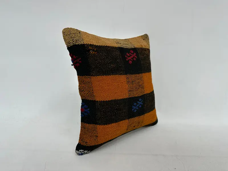 Orange & Brown Striped Decorative Pillow, 14x14 Inches, Embroidered Cotton Cover - 3