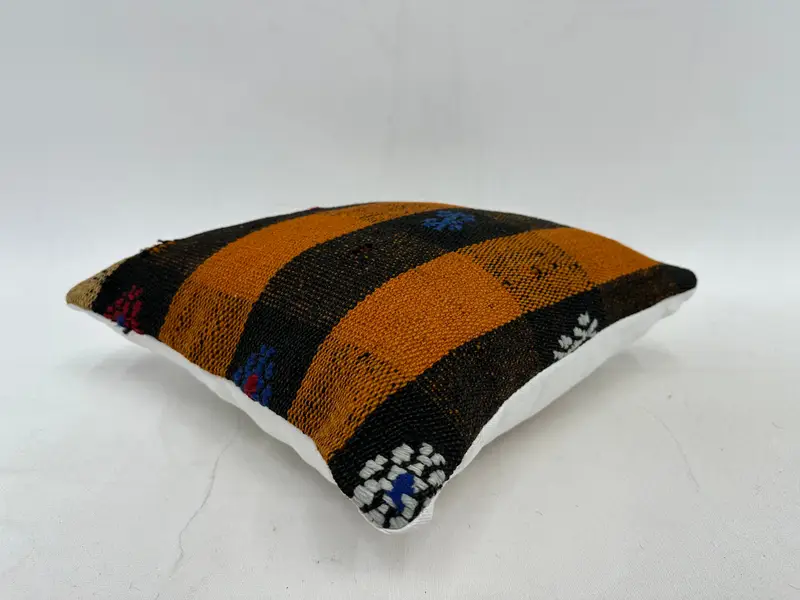 Orange & Brown Striped Decorative Pillow, 14x14 Inches, Embroidered Cotton Cover - 6