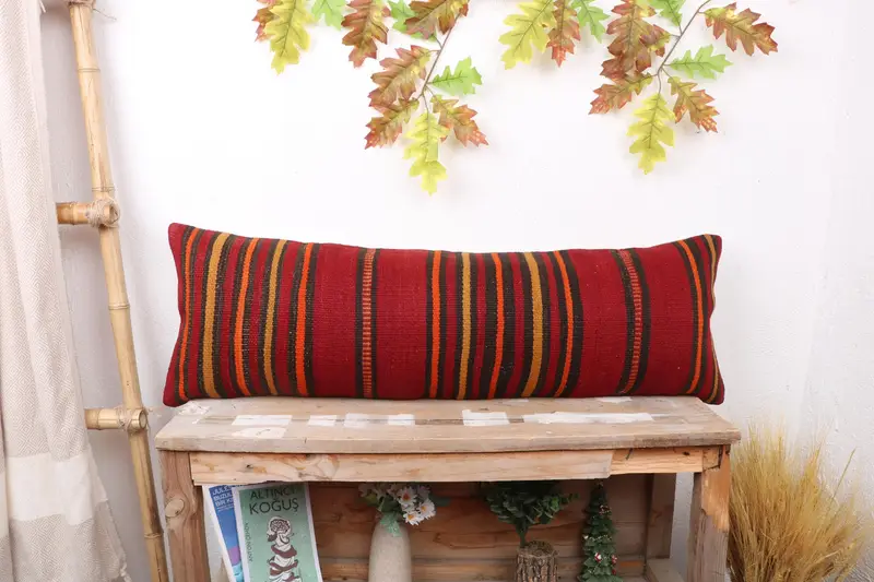 Luxury Pillow Cover, Handmade Rug Seat Pillow, Cushion, Kilim Rug Cushion, 12x36 Red Cushion Case, Boho Pillow, Gift Pillow, Vintage Kilim Pillow - 1