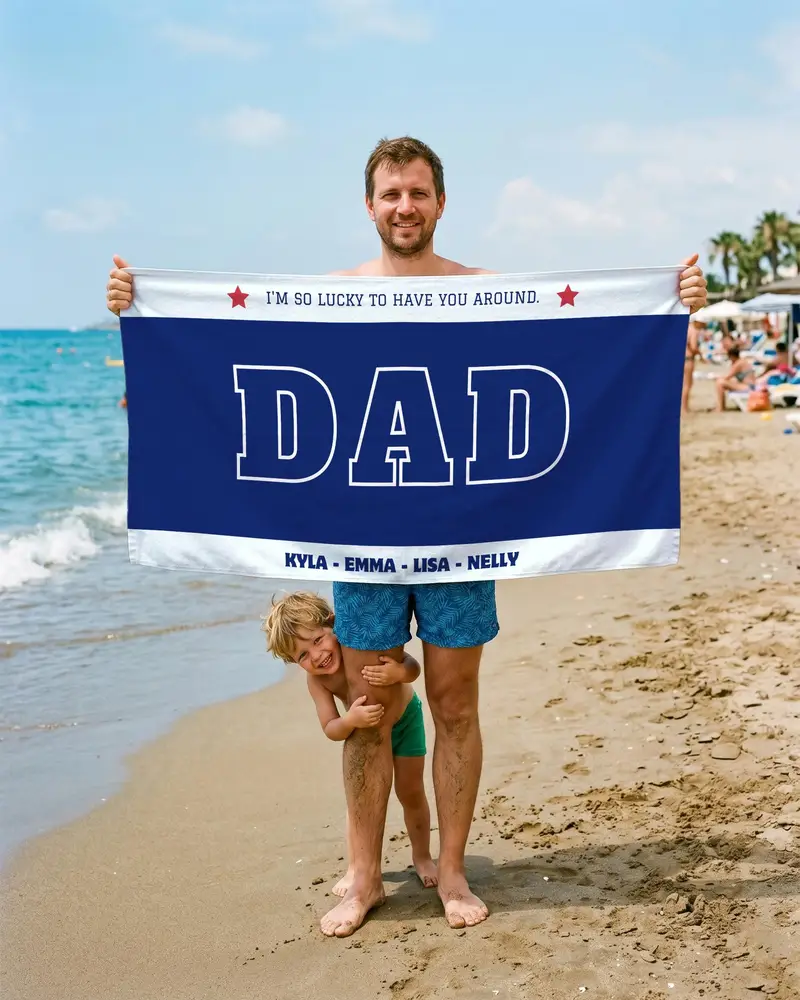 Personalized Blue Beach Towel, Custom Name Fathers Day Gift, Ideal Summer Vacation Towel - 1