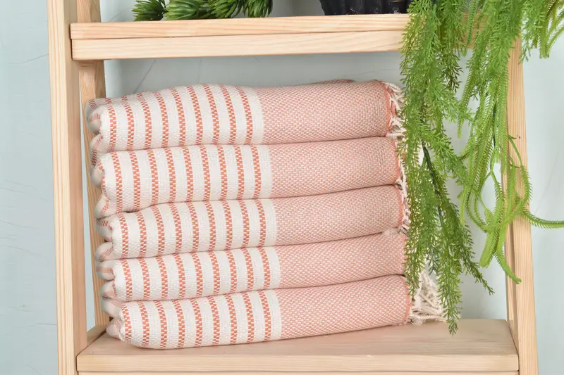 Turkish Towel Striped Orange-Natural Cotton Bath Towel, Beige, 40x75 Inches