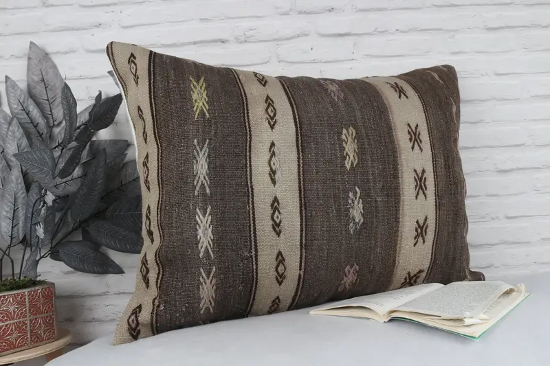 Vintage Kilim Pillow, Cushion Case, Comfy Throw Pillow Case, Boho Pillow Sham Cover, Home Decor Pillow, 20x28 Brown Pillow Cover - 3