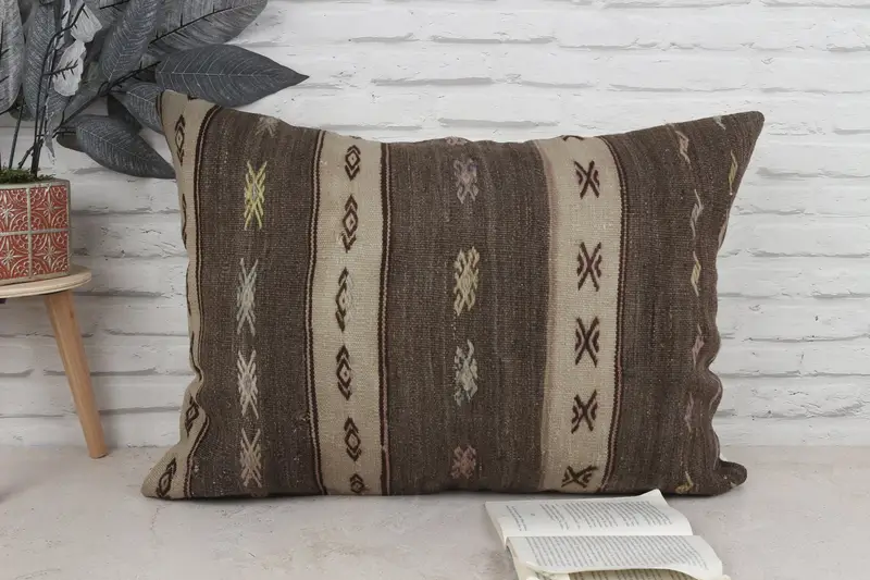 Vintage Kilim Pillow, Cushion Case, Comfy Throw Pillow Case, Boho Pillow Sham Cover, Home Decor Pillow, 20x28 Brown Pillow Cover - 1