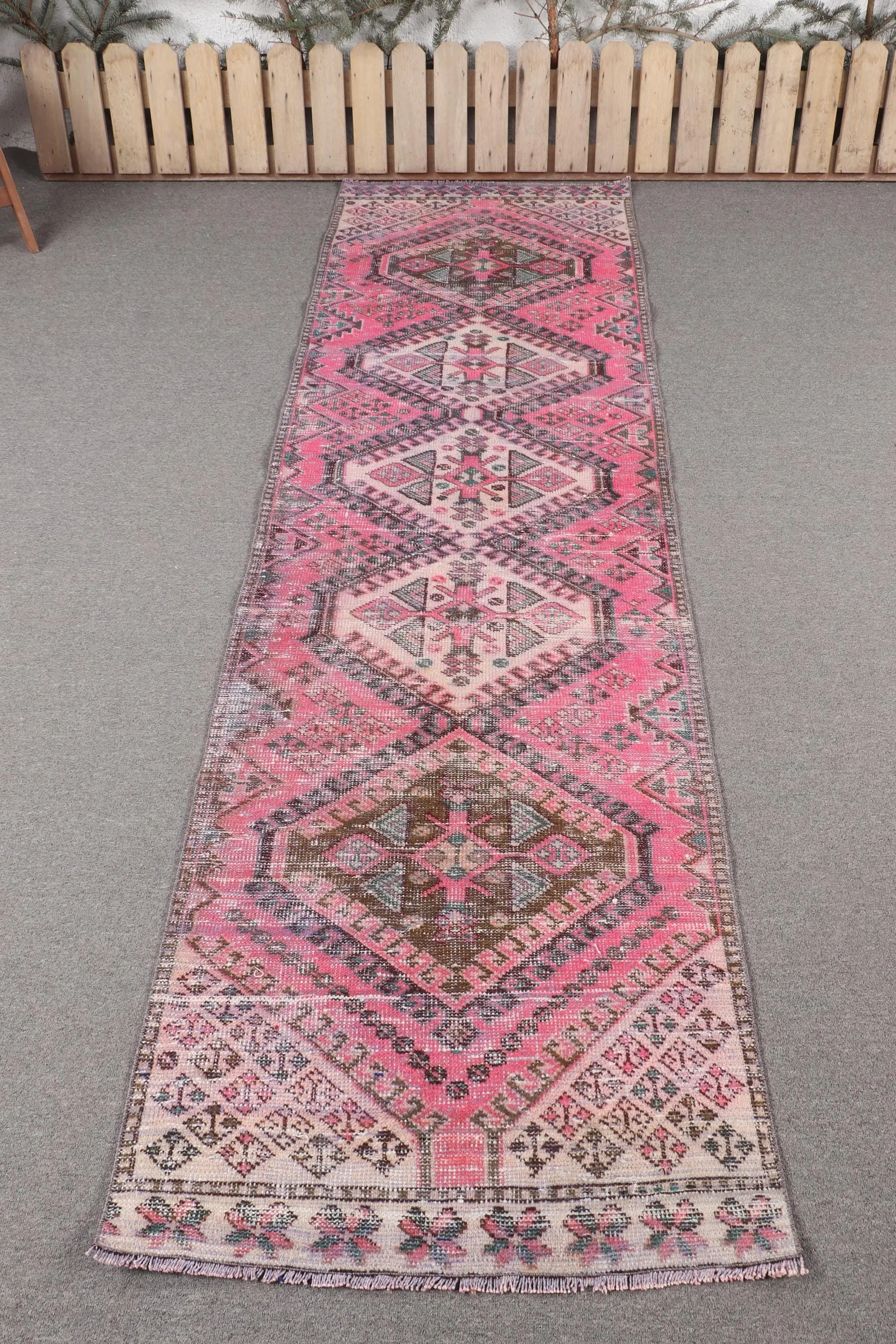 Vintage 2.5x9 ft Runner Rug, Turkish Rug, Pink Solid Rug - 1