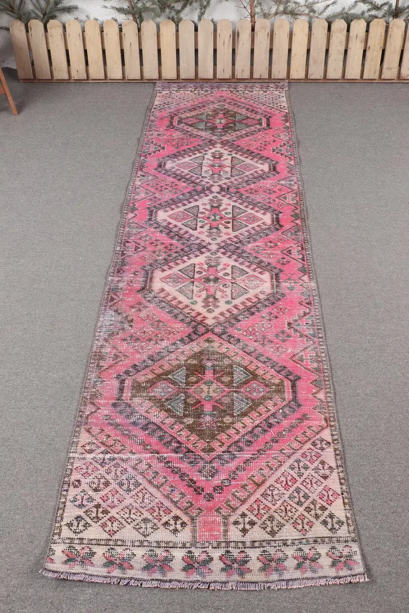 Handmade Pink Rug, 2.5x9 ft with Blue Accents