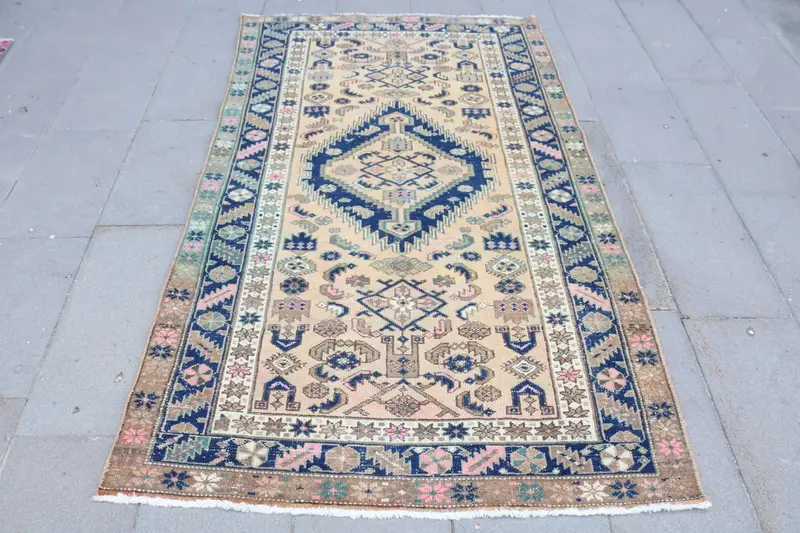 Turkish Area Rug 3.9x6.6 ft, Blue Ombré Vintage Wool Rug - 1