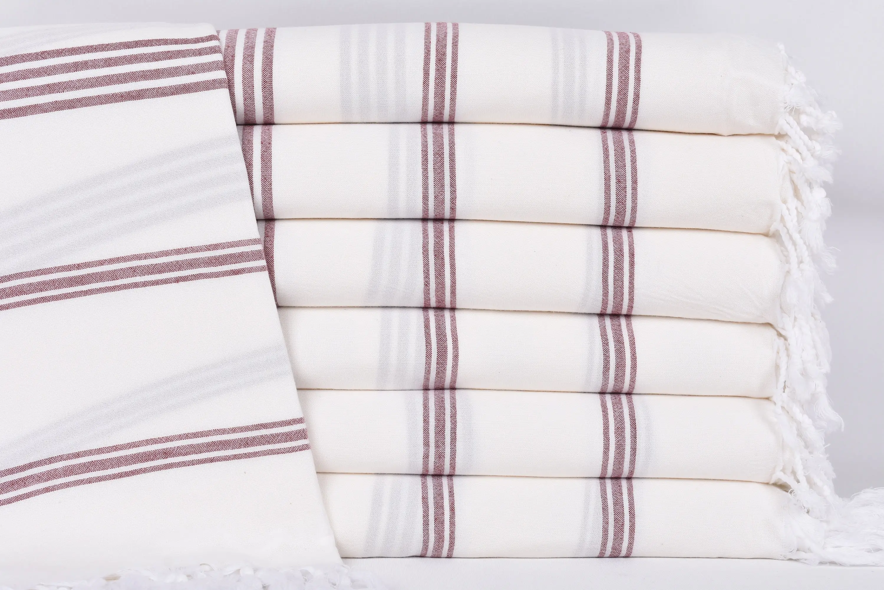 Handmade Turkish Bath Towel Burgundy Stripes, Organic Cotton, 70x40 Inches - 1