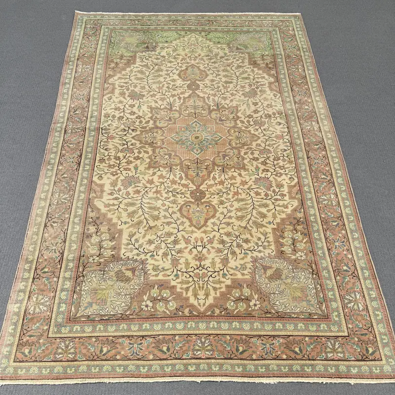 4x7.2 ft Oushak Turkish Rug, Brown Ikat Vintage Rug Wool - 1